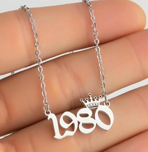 Detail of 1980 year number pendant with crown in polished silver stainless steel