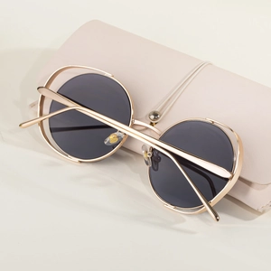 Detail of round hollow metal frame sunglasses with elegant beige protective case