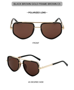Front and 45-degree side views of black gold polarized pilot sunglasses with brown lenses