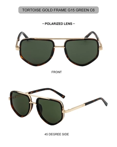 Detail of tortoise gold double bridge aviator sunglasses with polarized G15 green lenses