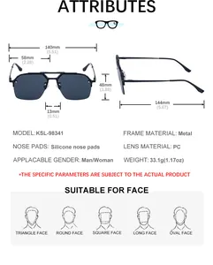 Size chart showing dimensions for metal half-frame sunglasses with 58mm lens width