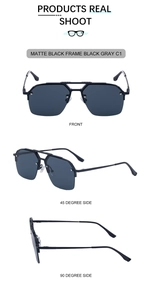 Three-way view of matte black aviator sunglasses with black gray lenses in detail
