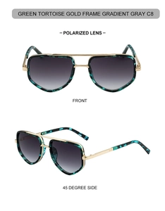 Detailed front and side view of green tortoise polarized pilot sunglasses with gold metal