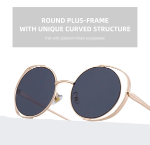 Close-up of rose gold hollow round frame sunglasses with gradient grey lenses