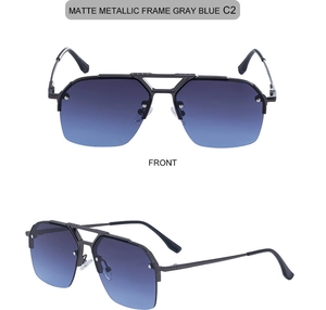 Detailed front and side view of matte grey semi-rimless sunglasses with blue gradient lenses