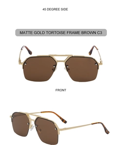 Front and 45-degree side view of matte gold semi-rimless sunglasses with brown lenses