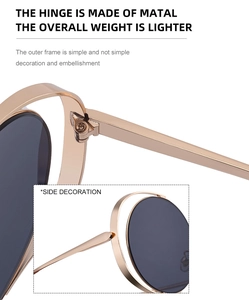 Detail of rose gold metal hinges and hollow frame design on stylish sunglasses