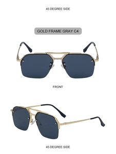 Detail view of gold metal half-frame aviator sunglasses with gray lenses C4 from multiple angles
