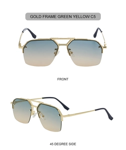 Detail showing gold double-bridge geometric sunglasses with green-yellow gradient lenses