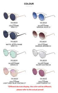 Detailed comparison chart of round metal sunglasses in eight different color variations