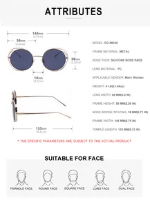 Detailed size chart and specifications for round metal frame sunglasses with PC lenses