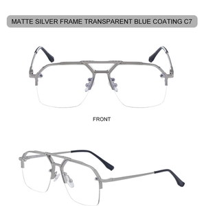 Detail view of matte silver semi-rimless frames with double bridge and blue coating lenses