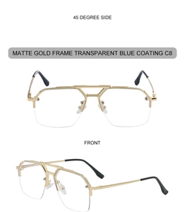 Front and 45-degree views of matte gold semi-rimless sunglasses with blue coating