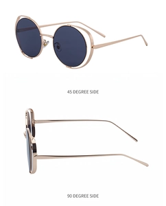 Detailed views of round metal sunglasses at 45 and 90 degree side profile angles