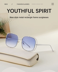 Détail des lunettes de soleil rectangulaires argentées avec verres dégradés sur étui