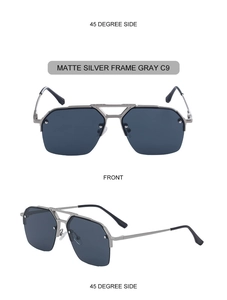 Front and 45-degree views of matte silver double-bridge aviator sunglasses with gray lenses
