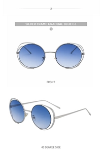 Detail view of silver hollow round frame sunglasses with gradual blue lenses and nose pads