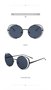 Detail of matte black hollowed metal frame sunglasses with gray circular lenses