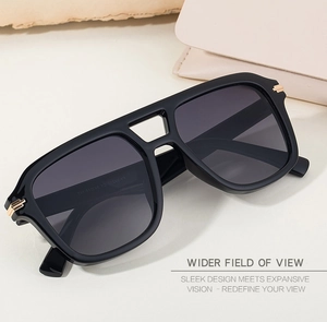 Detail view of black square double-bridge sunglasses with gold temple accents and model code