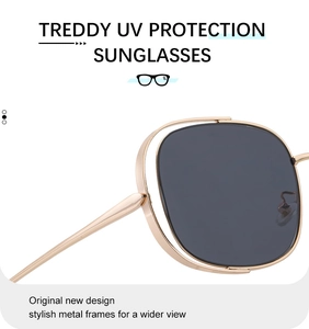 Gros plan détaillé des lunettes TREDDY carrées avec branches en métal doré et verres anti-UV