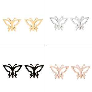 Minimalist butterfly stud earrings in gold, silver, black, and rose gold finishes