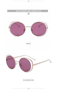 Detailed view of gold hollow round frame sunglasses with light purple lenses in dual angles