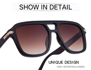 Detailed close-up of premium square sunglasses with double-bridge and gold metal accents