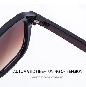 Detail of high-quality hinges on square sunglasses featuring automatic tension adjustment