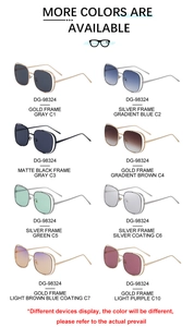 Catalogue détaillé montrant huit options de couleurs de lunettes de soleil carrées en métal