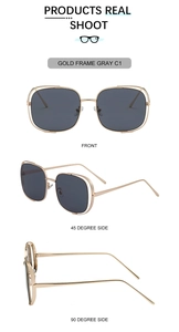 Vue détaillée de lunettes de soleil carrées dorées avec verres gris et branches métal
