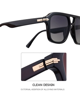 Detail view of premium black square sunglasses with double bridge and gold alloy hinges