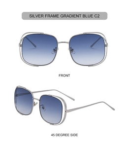 Lunettes de soleil carrées argentées avec verres dégradés bleus, vues de face et de côté