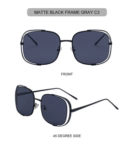 Détail des lunettes de soleil carrées noir mat avec monture évidée et verres gris