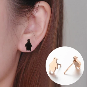 Minimalist penguin silhouette stud earrings in black and rose gold stainless steel