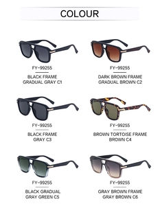Color palette showcase of square double-bridge sunglasses with metallic accents and gradient lenses
