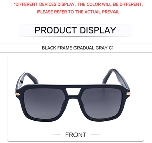 Front view of square black frame sunglasses with double bridge and gradient grey lenses