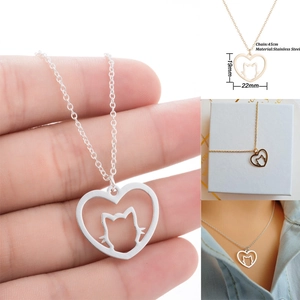 Collier cœur chat mignon en acier inoxydable pour femme en finition or et argent