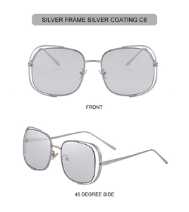 Détail de lunettes de soleil carrées en métal argenté avec verres réfléchissants design