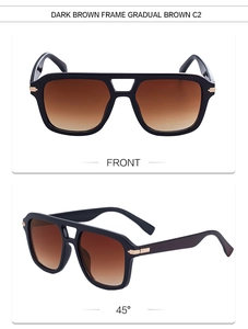 Macro detail of dark brown gradient lenses and double bridge design on frame
