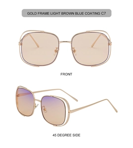 Détail de lunettes de soleil carrées dorées avec verres à revêtement bleu marron clair