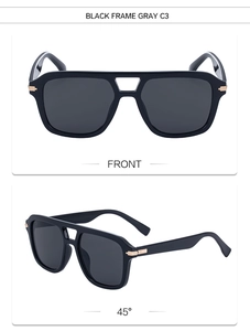 Close-up of black double-bridge square sunglasses with gold metal hinge detail