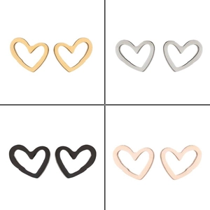 Hollow heart stud earrings set in gold, silver, black, and rose gold stainless steel