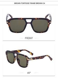 Detailed front and 45-degree view of brown tortoise double bridge fashion sunglasses