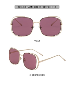 Vue détaillée de face et de côté de lunettes de soleil carrées dorées aux verres violets