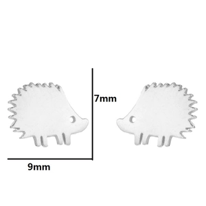 Macro view of tiny hedgehog stud earrings showing 9mm by 7mm size measurements