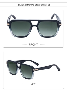 Close-up of square double-bridge sunglasses with black frames and gradient gray green lenses