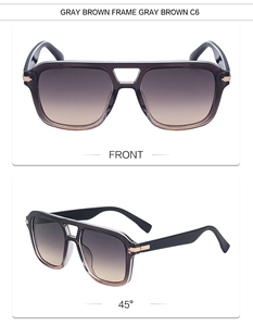 Front and 45-degree views of retro aviator sunglasses with gray brown frames and lenses