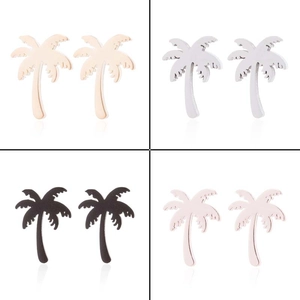 Polished palm tree stud earrings set in gold, silver, black, and rose gold finishes