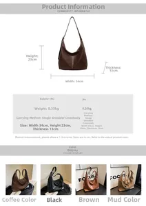 Detailed size chart and dimensions of the large vintage PU leather hobo tote bag