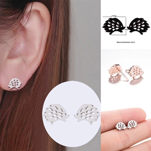 Minimalist hedgehog stud earrings in silver and rose gold stainless steel 11x7mm